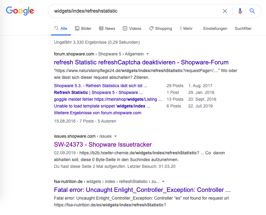 Screenshot einer Google-Suche zu 'widgets/index/refreshstatistic' mit über 3.000 Ergebnissen